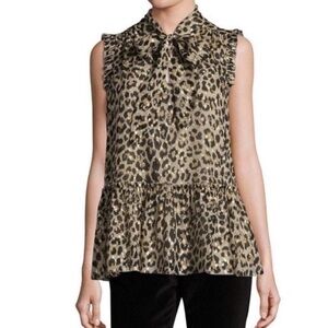 Kate Spade Silk Leopard Print Clipped Metallic Dot Blouse Tie Neck Size L